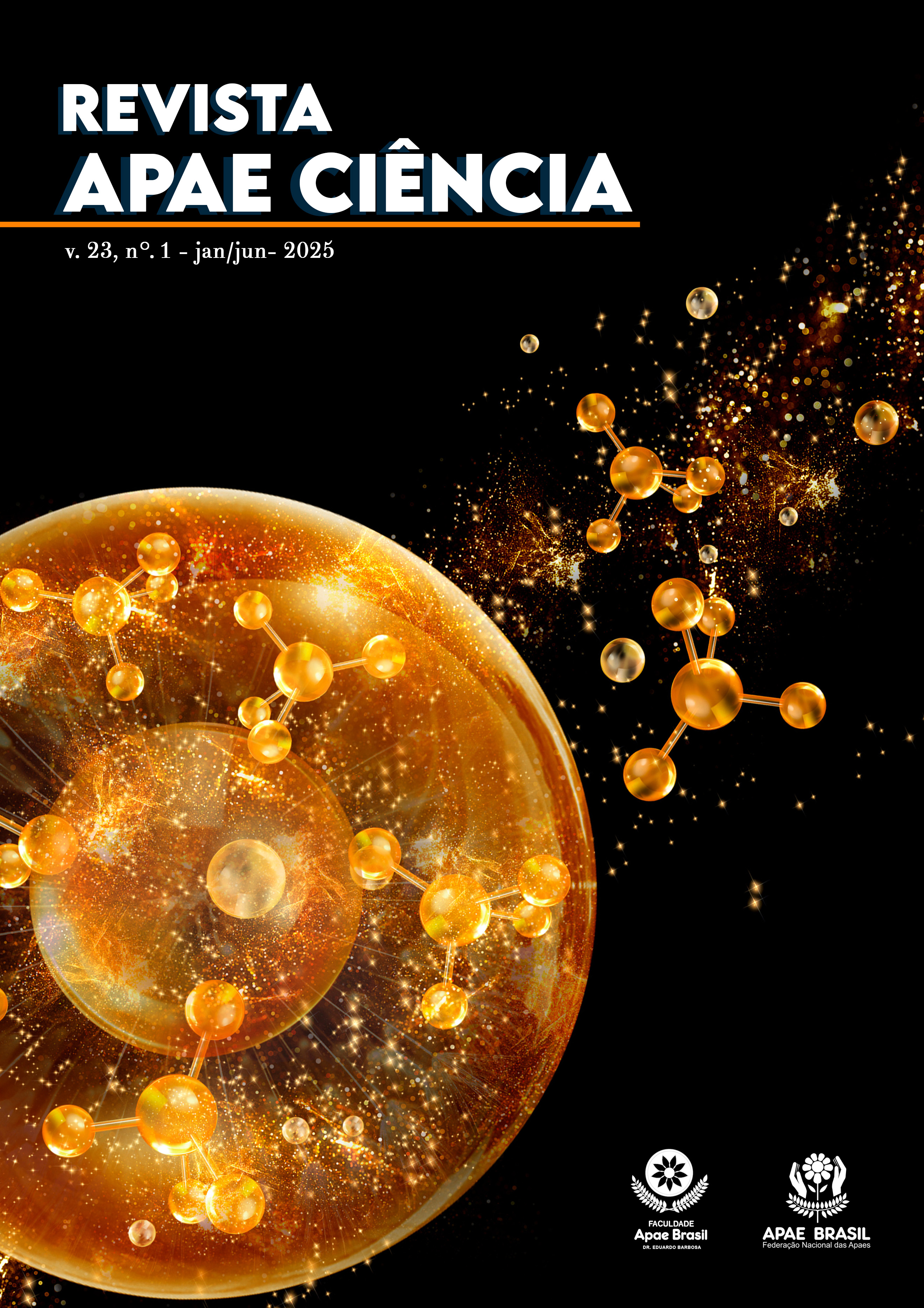 Uma esfera dourada com o que podem ser representações de moléculas ligadas em seu interior deixa um rastro com partículas douradas em um fundo preto. No topo se lê Revista Apae Ciência v.23, nº.1 - Jan/jun - 2025. No canto direito inferior, logomarca da Faculdade Apae Brasil e da Apae Brasil.